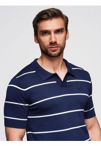 Ombre Clothing - Męska koszulka polo w poziome paski z wiskozą – granatowo-biała V1 - Rozmiar: M. Okazja: na co dzień. Typ kołnierza: polo. Kolor: biały. Materiał: wiskoza. Wzór: paski. Styl: casual