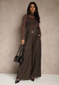 Renee - Brązowe Szerokie Garniturowe Spodnie z Bawełny High Waist Ozdobione Paskiem Tusneva. Okazja: na co dzień. Stan: podwyższony. Kolor: brązowy. Materiał: bawełna. Wzór: aplikacja. Styl: wizytowy, casual, elegancki #3