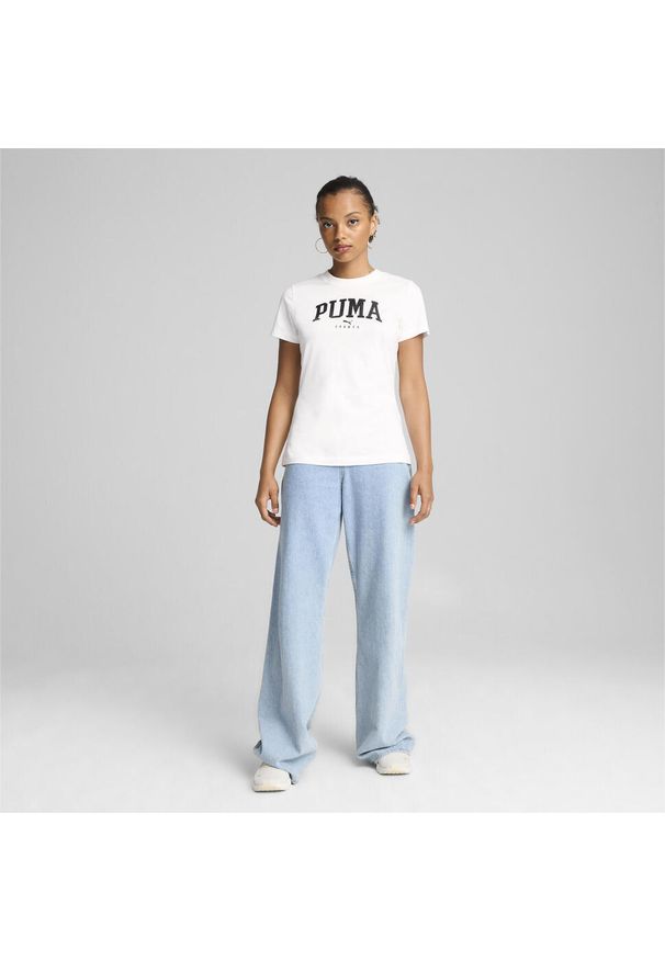 Puma - Damska koszulka z nadrukiem PUMA SQUAD PUMA White. Kolor: biały. Wzór: nadruk. Sport: joga i pilates