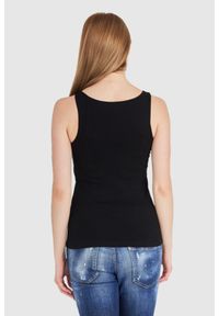 Guess - GUESS Czarny top damski z logo z koralików, Rozmiar XS. Kolor: czarny. Materiał: prążkowany, bawełna. Wzór: nadruk #2