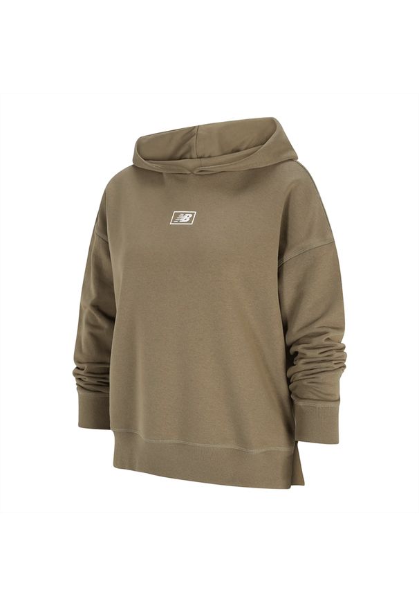 Bluza New Balance WT33512CGN - zielona. Okazja: na co dzień. Typ kołnierza: kaptur. Kolor: zielony. Materiał: bawełna, poliester, materiał, prążkowany. Styl: klasyczny, casual