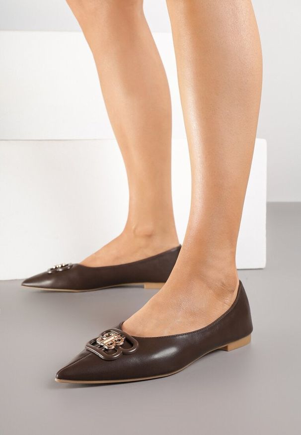 Born2be - Brązowe Balerinki z Noskiem w Szpic i Elegancką Aplikacją Naliema. Okazja: na co dzień. Nosek buta: szpiczasty. Kolor: brązowy. Wzór: aplikacja. Obcas: na płaskiej podeszwie. Styl: elegancki