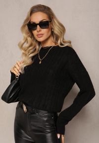 Renee - Czarny Sweter w Ozdobny Splot z Kaszmirem Habeni. Kolor: czarny. Materiał: kaszmir. Wzór: ze splotem. Sezon: zima #5