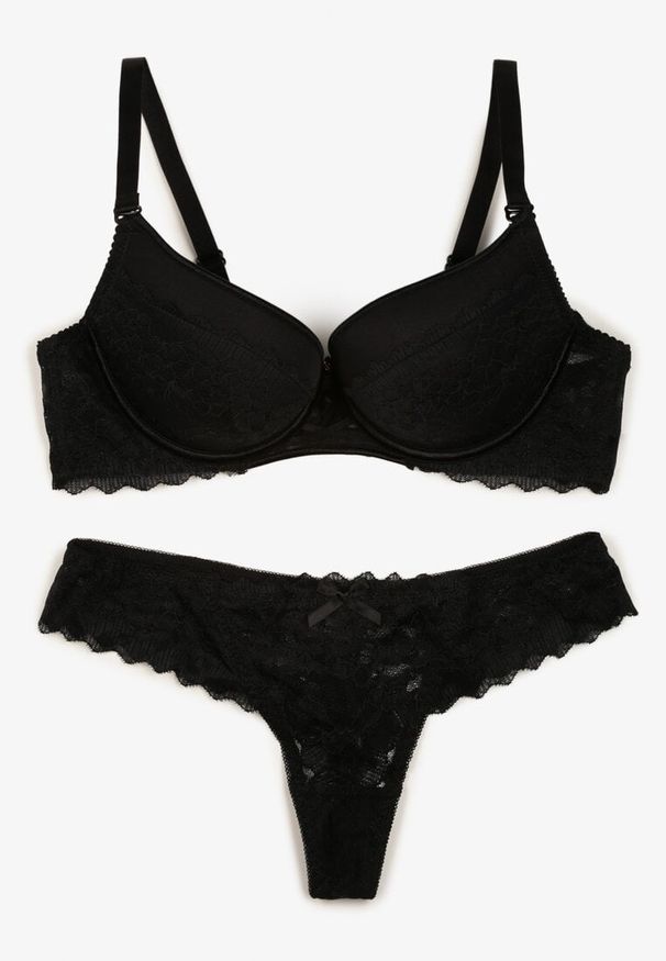 Renee - Czarny Koronkowy Komplet Bielizny Biustonosz Usztywniony Push Up i Stringi Jasminesa. Kolor: czarny. Materiał: koronka. Wzór: aplikacja