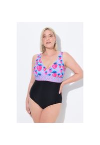 ULLA POPKEN - Damski Strój kąpielowy truskawki ozdobna wstążka miękkie miseczki z recyklingu. Kolekcja: plus size. Kolor: czarny. Materiał: elastan, poliamid, materiał