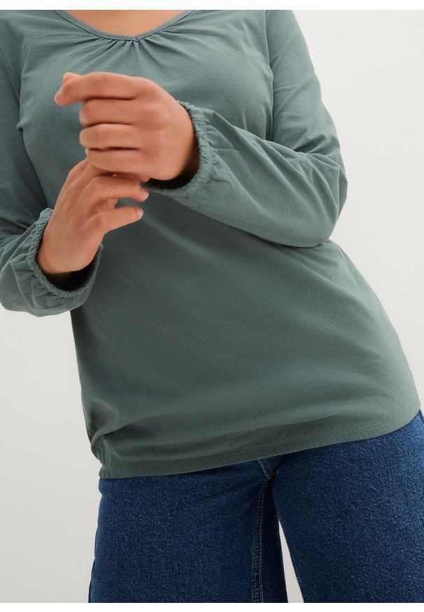 bonprix - Bluzka bawełniana z czystej bawełny z długim rękawem i gumką. Typ kołnierza: dekolt w serek. Kolor: zielony. Materiał: bawełna. Długość rękawa: długi rękaw. Długość: długie