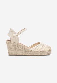 Renee - Beżowe Koronkowe Sandały na Koturnie z Plecionki Welina. Kolor: beżowy. Materiał: koronka. Obcas: na koturnie #3