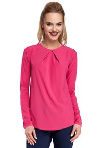 MOE - Różowa Bluzka z Zakładką przy Dekolcie. Kolor: różowy. Materiał: poliester, elastan #1