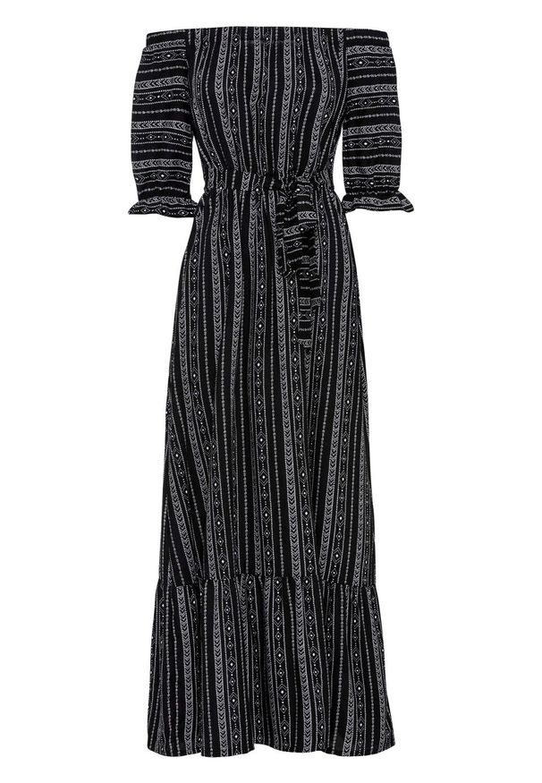 Długa sukienka z dekoltem carmen bonprix czarno-kremowy wzorzysty. Typ kołnierza: typu carmen. Kolor: czarny. Długość: maxi