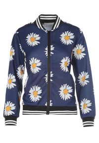 Born2be - Granatowa Bomberka Bluza w Kwiaty Idahpe. Kolekcja: plus size. Kolor: niebieski. Materiał: dzianina. Wzór: kwiaty #6