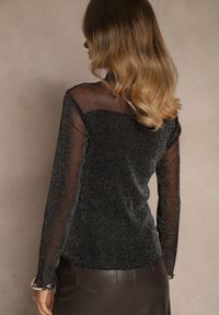 Renee - Czarna Bluzka Longsleeve z Golfem z Siateczki z Metaliczną Nitką Azeda. Okazja: na co dzień. Typ kołnierza: golf. Kolor: czarny. Materiał: jeans. Długość rękawa: długi rękaw. Styl: casual, elegancki #4