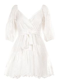 Born2be - Biała Sukienka Daphlenia. Kolor: biały. Materiał: materiał, bawełna. Wzór: aplikacja, haft. Typ sukienki: kopertowe. Długość: mini