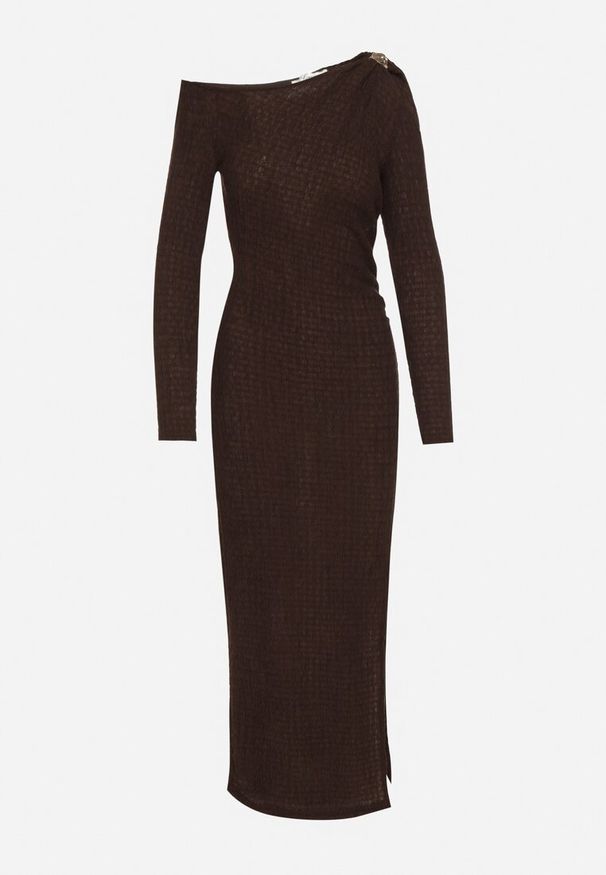 Born2be - Brązowa Dopasowana Sukienka z Metaliczną Ozdobą na Ramieniu Reilara. Kolor: brązowy. Wzór: aplikacja. Styl: elegancki