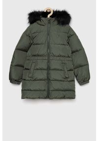 TOMMY HILFIGER - Tommy Hilfiger kurtka puchowa dziecięca kolor zielony. Okazja: na co dzień. Kolor: zielony. Materiał: puch. Wzór: gładki. Styl: casual