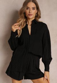 Renee - Czarny 2-częściowy Komplet z Elegancką Koszulą Oversize i Szortami Aphinthe. Kolor: czarny. Materiał: tkanina #4
