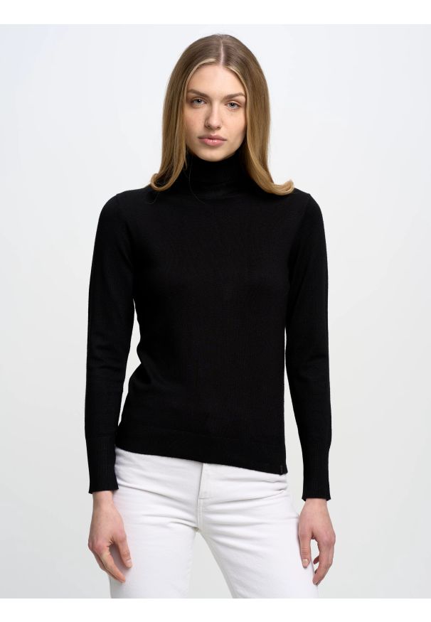 Big-Star - Sweter damski z golfem czarny Charlinka 906. Okazja: na spotkanie biznesowe, na co dzień. Typ kołnierza: golf. Kolor: czarny. Materiał: skóra, dzianina. Wzór: aplikacja. Styl: klasyczny, casual, biznesowy