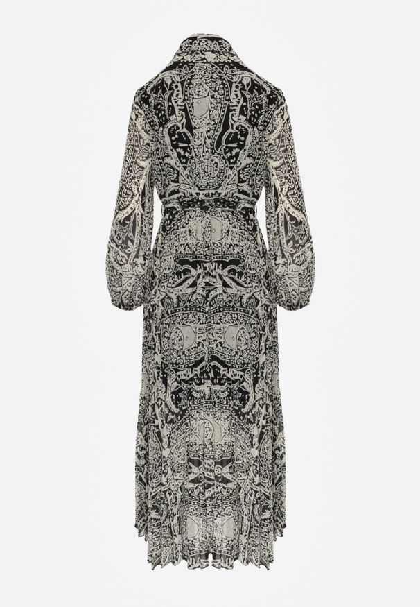 Renee - Beżowo-Czarna Sukienka Rozkloszowana z Wiązanym Paskiem Blerore. Kolor: beżowy. Materiał: materiał. Typ sukienki: koszulowe. Długość: maxi