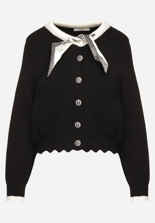 Born2be - Czarny Kardigan z Wiskozą w Stylu Retro Zdobiony Wiązaniem i Eleganckimi Guzikami Selimi. Okazja: na co dzień. Typ kołnierza: kołnierz z falbankami. Kolor: czarny. Materiał: wiskoza. Wzór: aplikacja. Styl: retro, elegancki