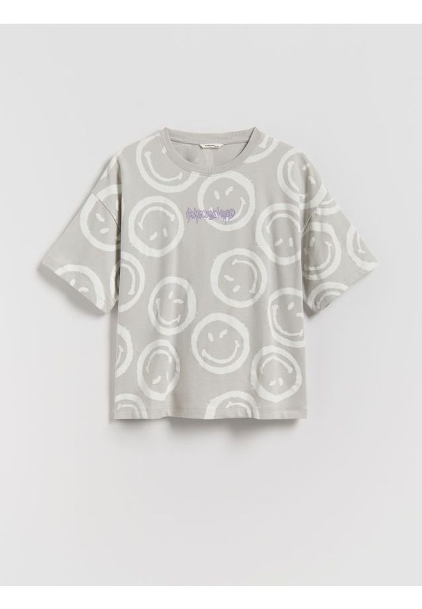 Reserved - T-shirt SmileyWorld® - jasnoszary. Kolor: szary. Materiał: bawełna
