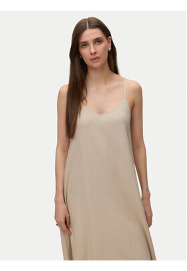 Vero Moda Sukienka letnia Emilo 10340519 Beżowy Loose Fit. Kolor: beżowy. Materiał: len. Sezon: lato