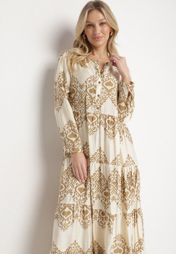 Born2be - Beżowa Sukienka z Wiskozą o Rozkloszowanym Kroju z Guzikami Ilovella. Okazja: na co dzień, na spacer. Kolor: beżowy. Materiał: wiskoza. Styl: elegancki, casual