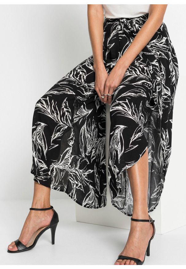 bonprix - Spodnie ze strukturalnej wiskozy. Kolor: czarny. Materiał: wiskoza. Wzór: nadruk