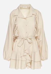 Born2be - Beżowa Sukienka Ozdobiona Paskiem i Falbanami Divilena. Okazja: na co dzień. Kolor: beżowy. Materiał: jeans. Wzór: aplikacja. Styl: casual, elegancki #6