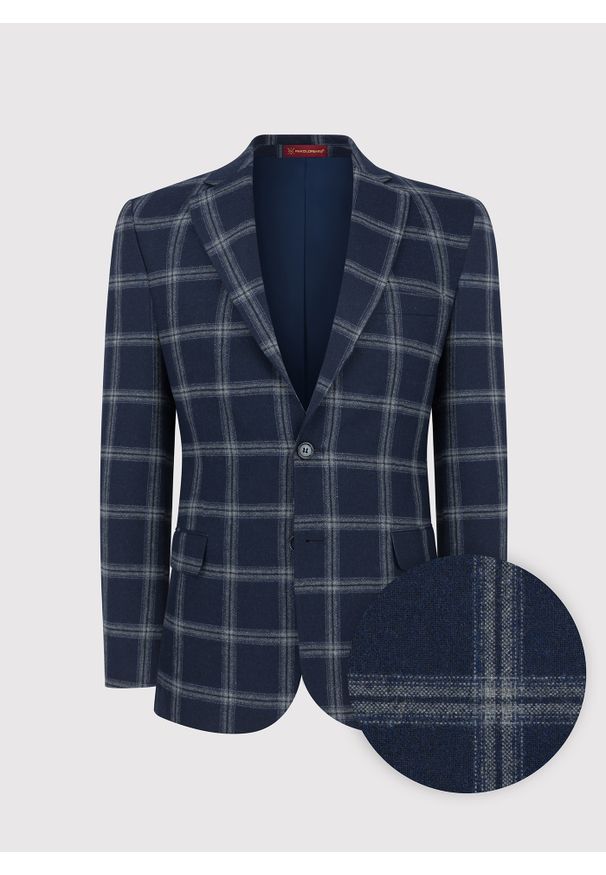Pako Lorente - PAKO LORENTE – Granatowa marynarka casual w jasną kratkę. Okazja: na co dzień. Kolor: niebieski. Materiał: poliester, wełna, elastan. Wzór: kratka. Styl: casual