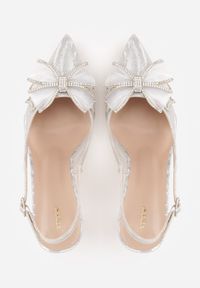 Renee - Białe Szpilki VICES Slingback z Kokardą Cyrkoniami i Transparetną Wstawką Kalilise. Zapięcie: sprzączka. Kolor: biały. Materiał: satyna. Wzór: aplikacja. Obcas: na szpilce. Styl: elegancki #2