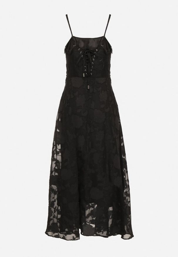 Born2be - Czarna Rozkloszowana Sukienka Vices z Gorsetowym Wiązaniem Fenosella. Okazja: na imprezę. Typ kołnierza: dekolt gorset. Kolor: czarny. Długość rękawa: na ramiączkach. Sezon: lato. Typ sukienki: gorsetowe. Styl: elegancki