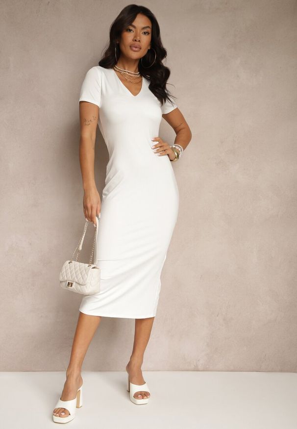 Renee - Biała Sukienka Bodycon o Dopasowanym Kroju z Dekoltem w V Efrerina. Okazja: na co dzień. Kolor: biały. Materiał: jeans. Długość rękawa: krótki rękaw. Typ sukienki: bodycon. Styl: casual, elegancki, klasyczny
