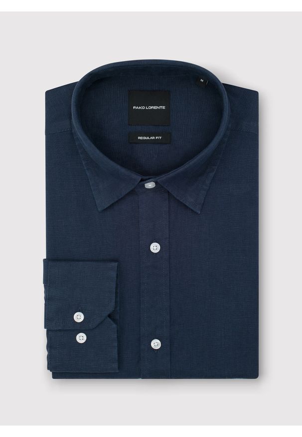 Pako Lorente - PAKO LORENTE - Lniana koszula męska w kolorze granatowym. Okazja: na co dzień. Kolor: niebieski, różowy, zielony. Materiał: len. Długość rękawa: długi rękaw. Długość: długie. Wzór: gładki. Sezon: lato. Styl: casual