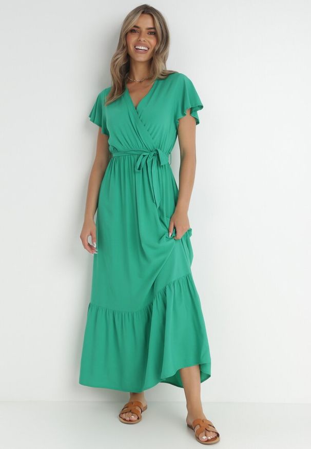 Born2be - Zielona Sukienka Diomeira. Kolor: zielony. Materiał: tkanina. Wzór: gładki, jednolity. Typ sukienki: kopertowe. Styl: klasyczny, elegancki. Długość: maxi