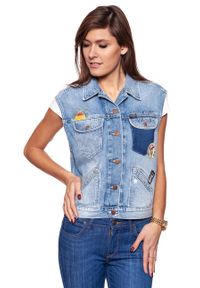 Wrangler - DAMSKI BEZRĘKAWNIK JEANSOWY WRANGLER RETRO VEST WOODSTOK W414GF129. Materiał: jeans. Długość rękawa: bez rękawów. Wzór: aplikacja. Styl: retro #6