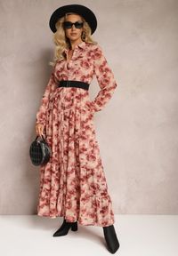 Renee - Różowa Rozkloszowana Sukienka Koszulowa Maxi w Kwiaty Nersa. Kolor: różowy. Wzór: kwiaty. Typ sukienki: koszulowe. Długość: maxi #1