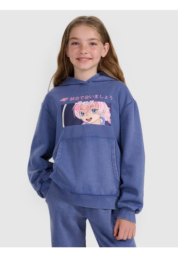 4f - 4F Bluza dresowa nierozpinana z kapturem dziewczęca - niebieska 164 (13-14 lat). Okazja: na uczelnię, na co dzień, na spacer. Typ kołnierza: kaptur. Kolor: niebieski. Materiał: dresówka. Wzór: ze splotem, gładki. Sezon: lato. Styl: elegancki, sportowy, casual