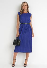 Born2be - Granatowa Plisowana Sukienka Midi z Paskiem z Imitacji Skóry Sharia. Kolor: niebieski. Materiał: skóra. Długość rękawa: bez rękawów. Styl: elegancki. Długość: midi #3