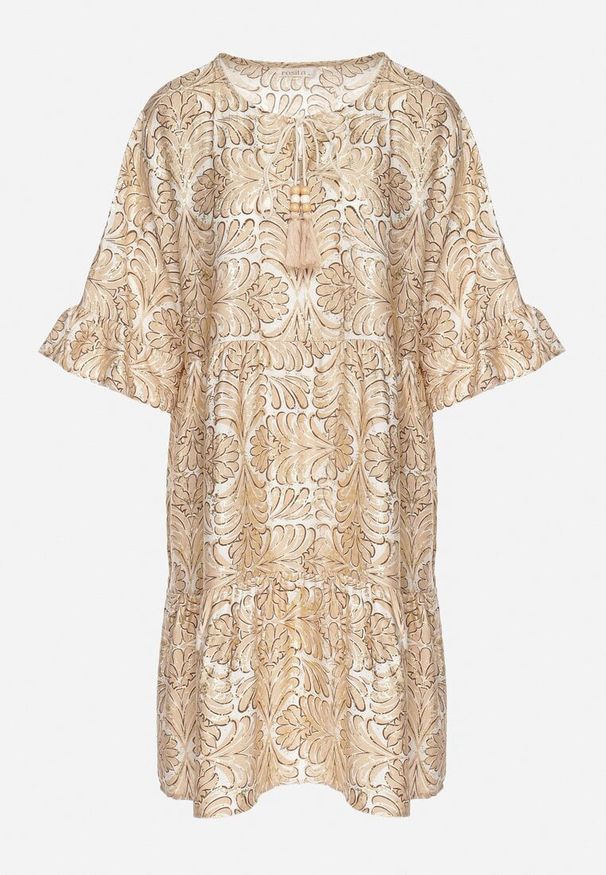 Born2be - Beżowa Sukienka z Lnem o Rozkloszowanym Kroju z Falbanami i Metalicznym Nafrukiem Rinanis. Okazja: na co dzień. Typ kołnierza: dekolt w serek. Kolor: beżowy. Materiał: len. Wzór: aplikacja. Styl: klasyczny, casual, elegancki