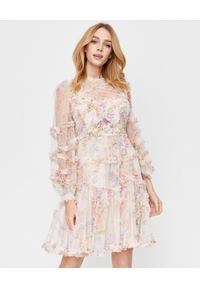 NEEDLE & THREAD - Różowa sukienka z falbanami. Okazja: na imprezę. Kolor: różowy, wielokolorowy, fioletowy. Materiał: tiul. Długość rękawa: długi rękaw. Wzór: aplikacja, kolorowy, nadruk, kwiaty. Styl: wizytowy #1