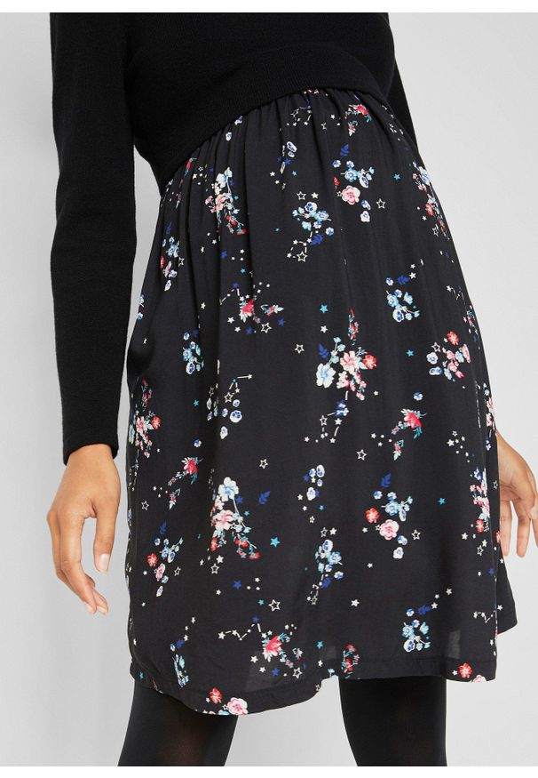 bonprix - Sukienka ciążowa z dzianiny i wiskozy. Kolekcja: moda ciążowa. Kolor: czarny. Materiał: dzianina, wiskoza. Wzór: kwiaty