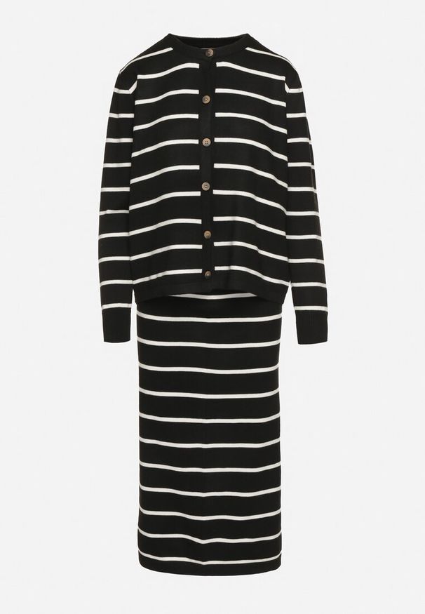 Born2be - Czarny Komplet z Wiskozą Bluzka z Guzikami i Spódnica w Paski Asirrise. Kolor: czarny. Materiał: wiskoza. Wzór: paski