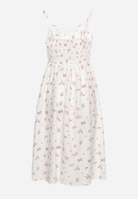 Born2be - Biało-Różowa Rozkloszowana Sukienka na Regulowanych Ramiączkach z Gumką w Pasie Arupia. Kolor: biały. Materiał: tkanina. Długość rękawa: na ramiączkach. Sezon: lato