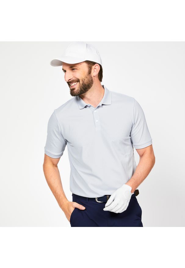 INESIS - Koszulka polo do golfa z krótkim rękawem męska Inesis WW500. Typ kołnierza: golf, polo. Kolor: szary. Materiał: materiał, poliester. Długość rękawa: krótki rękaw. Długość: krótkie. Wzór: ze splotem. Styl: sportowy