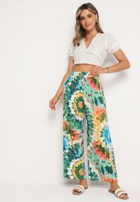 Born2be - Zielono-Niebieskie Szerokie Spodnie z Wiskozą i Wysokim Stanem ze Wzorem Tie-Dye i Gumką w Pasie Halflea. Stan: podwyższony. Kolor: zielony. Materiał: wiskoza. Styl: klasyczny #6