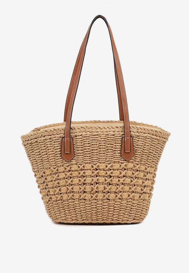 Born2be - Ciemnobeżowa Torebka Shopperka z Plecionką Feladwena. Kolor: beżowy. Wzór: aplikacja. Styl: elegancki, casual