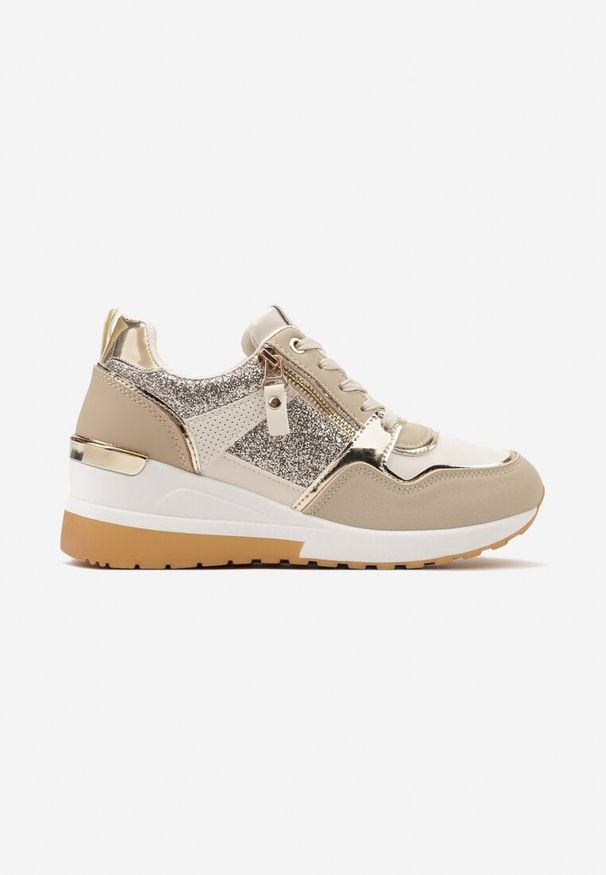 Born2be - Beżowo-Złote Sneakersy na Koturnie z Suwakiem i Ozdobnymi Naszywkami Jelenia. Nosek buta: okrągły. Zapięcie: sznurówki. Kolor: beżowy. Materiał: materiał. Wzór: aplikacja. Obcas: na koturnie. Wysokość obcasa: średni