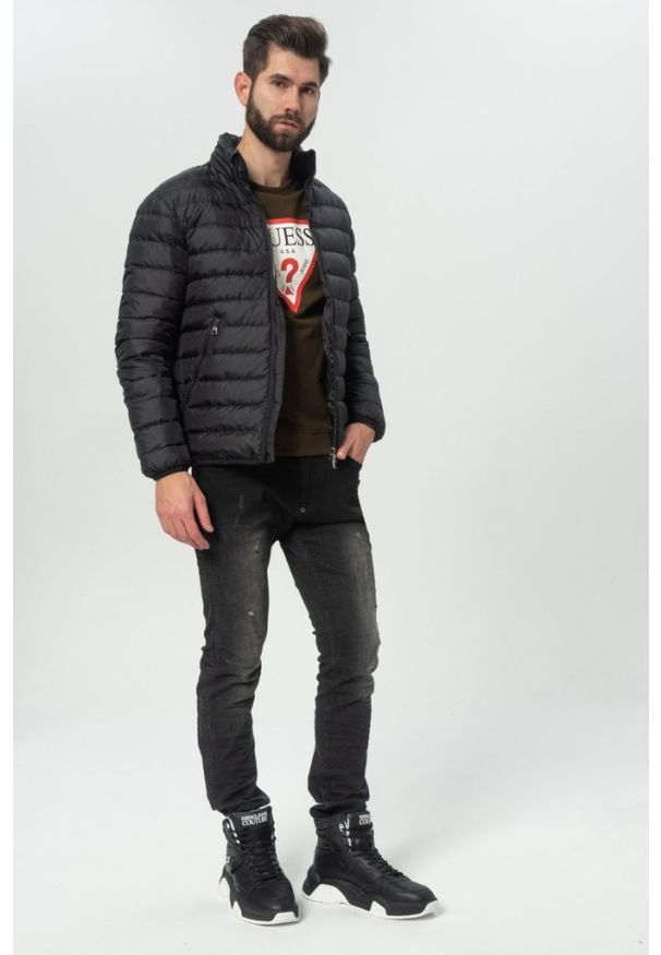 EA7 Emporio Armani - EA7 Puchowa czarna kurtka męska, Rozmiar S. Typ kołnierza: kołnierzyk stójkowy. Kolor: czarny. Materiał: puch. Wzór: aplikacja