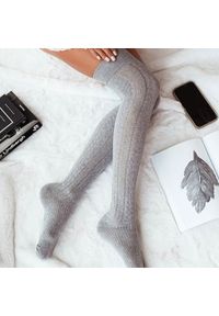 Milena - Szare ażurowe zakolanówki z warkoczem 223. Kolor: szary. Materiał: tkanina, elastan, bawełna, materiał, poliamid. Wzór: ażurowy #1