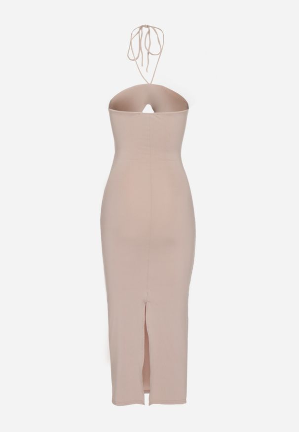 Renee - Ciemnobeżowa Sukienka Midi z Wiązaniem i Wycięciem Ozdobiona Kwiatami Zanephone. Kolor: beżowy. Materiał: wiskoza. Wzór: kwiaty, aplikacja. Styl: elegancki. Długość: midi