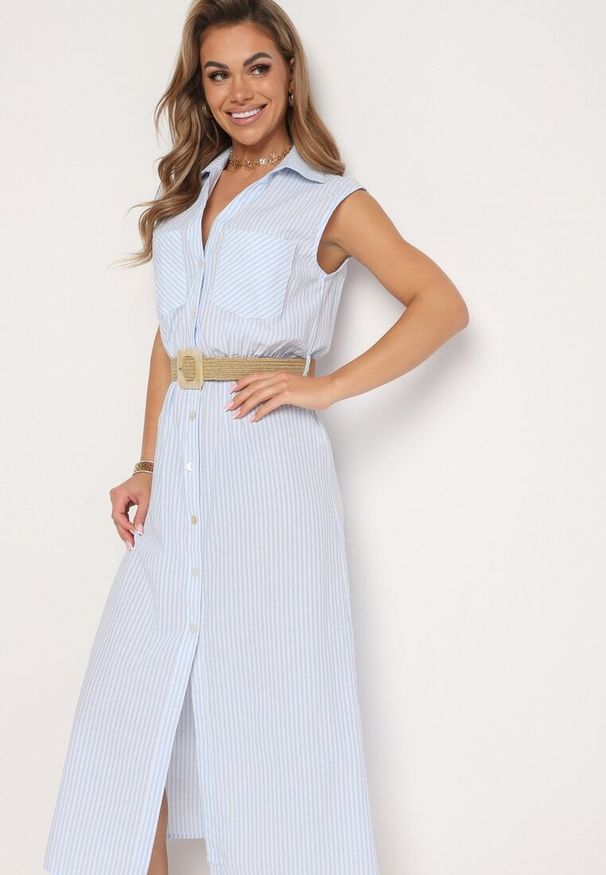 Born2be - Niebieska Bawełniana Sukienka Koszulowa z Gumką w Talii i Paskiem z Klamrą Xalorea. Kolor: niebieski. Materiał: bawełna. Wzór: paski. Typ sukienki: koszulowe